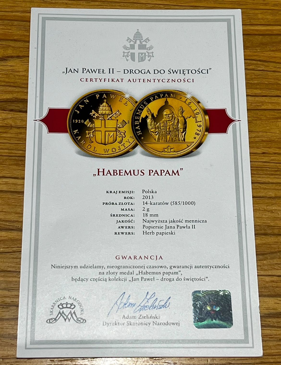 Złoty medal Jan Paweł II - „Habemus Papam” 2013