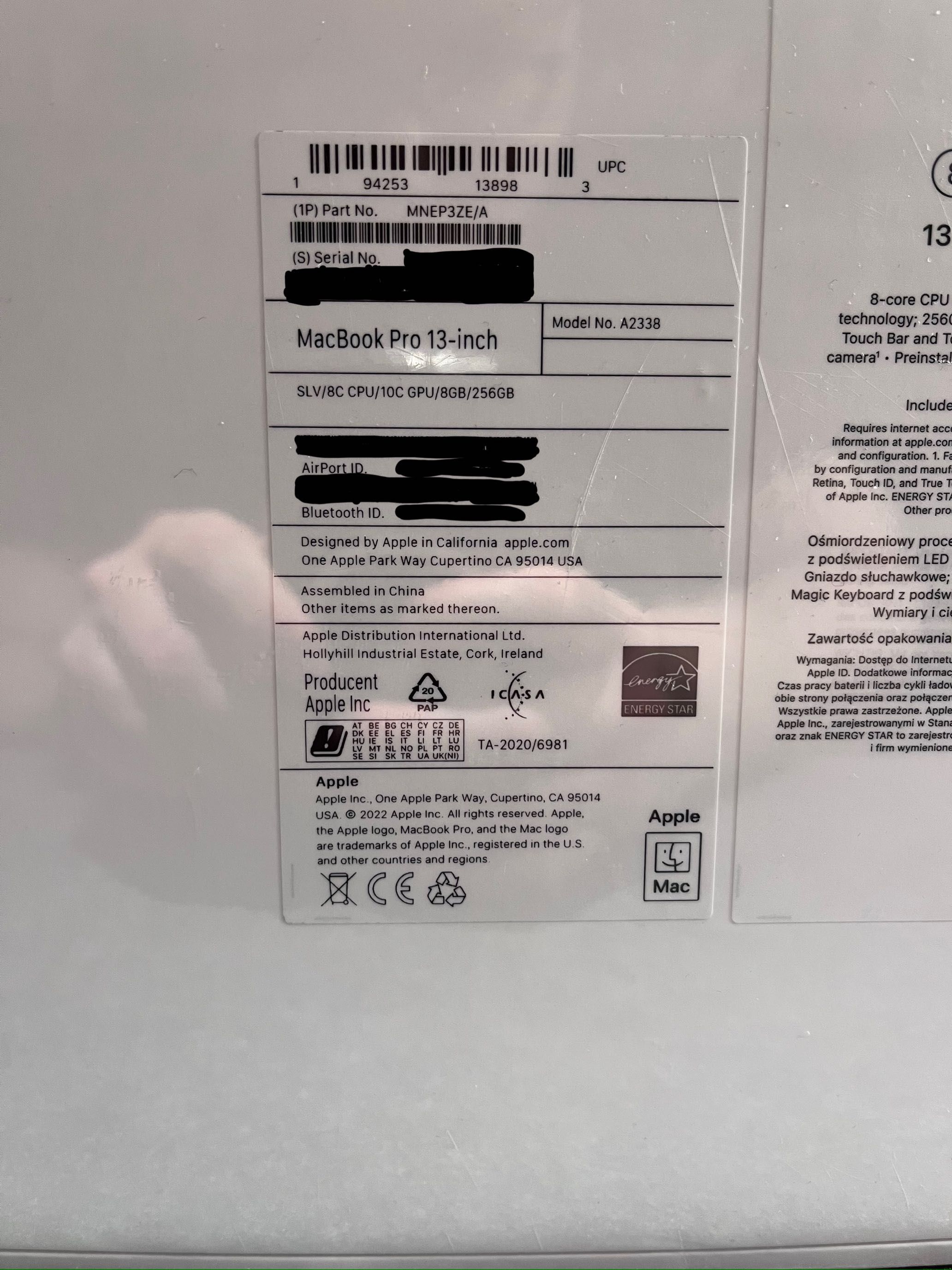 MacBook Pro 13' M2 8GB 256 GB SSD gwiezdna szarość