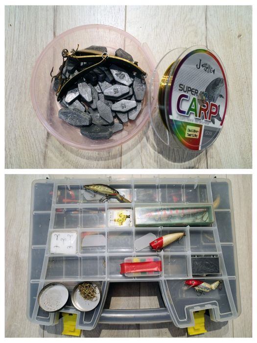 Zestaw wędkarski przynęty spławiki koszyki ciężarki akcesoria woblery