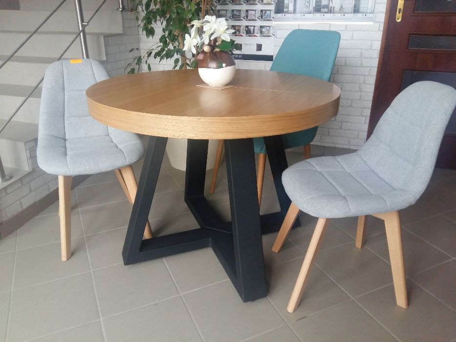 Stół okrągły loftowy dębowy LOFT, krzesła, industrialny noga metalowa.