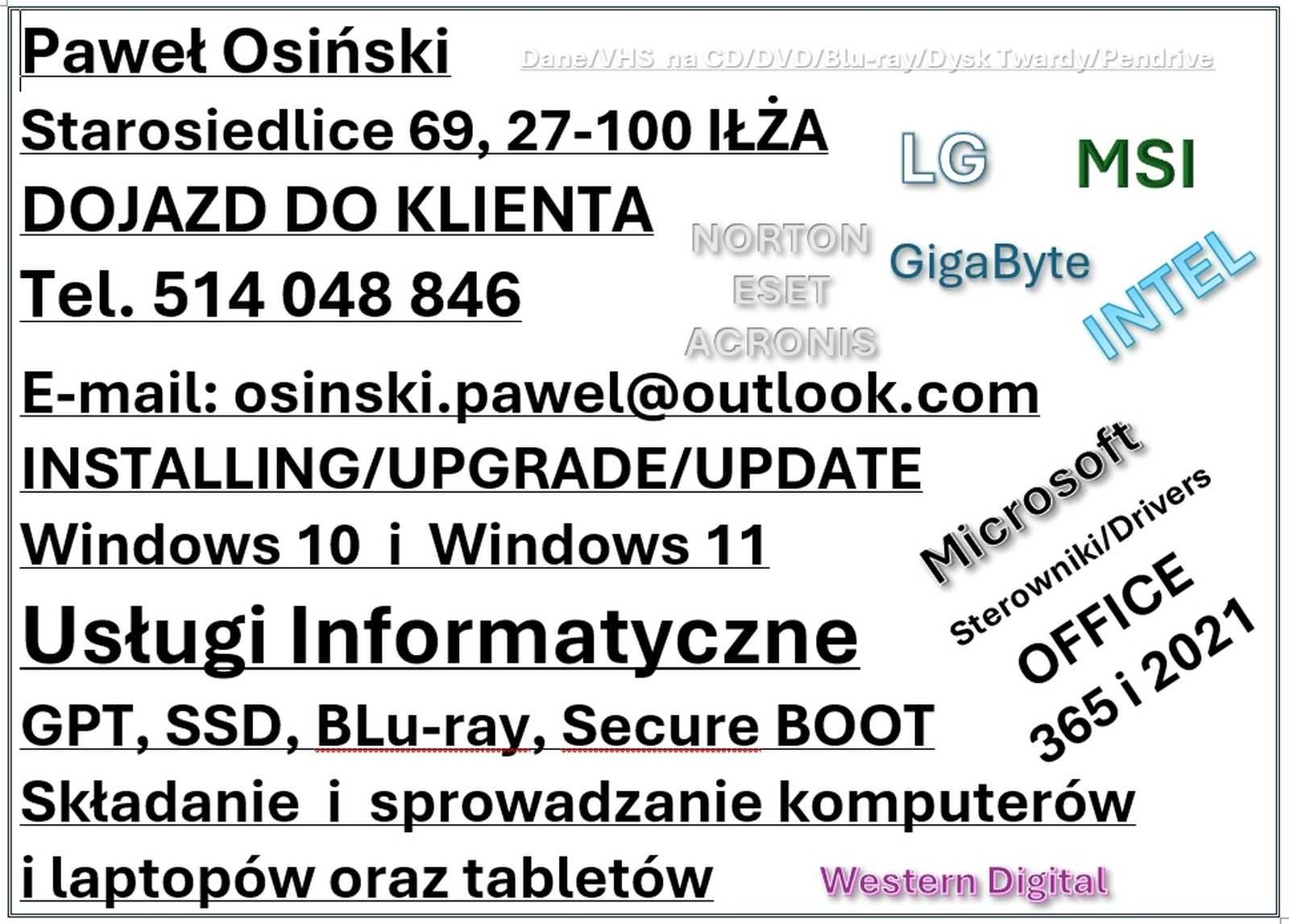 Instalacje Windows i oprogramowania, przygotowanie komputera do pracy.