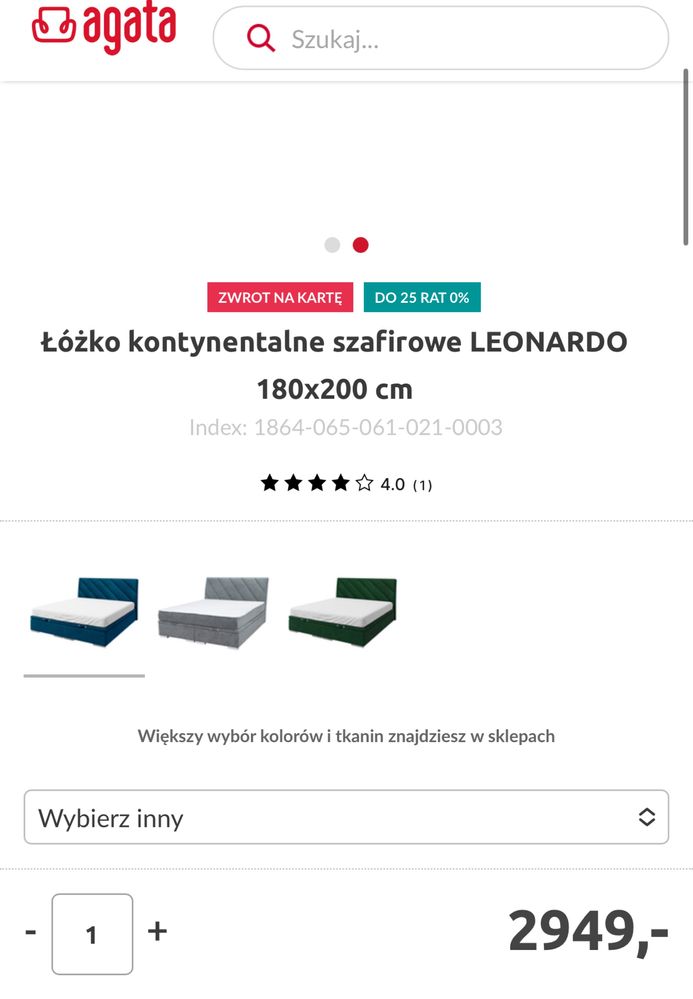 Łóżko kontynentalne szafirowe LEONARDO 180x200 cm AGATA MEBLE +materac