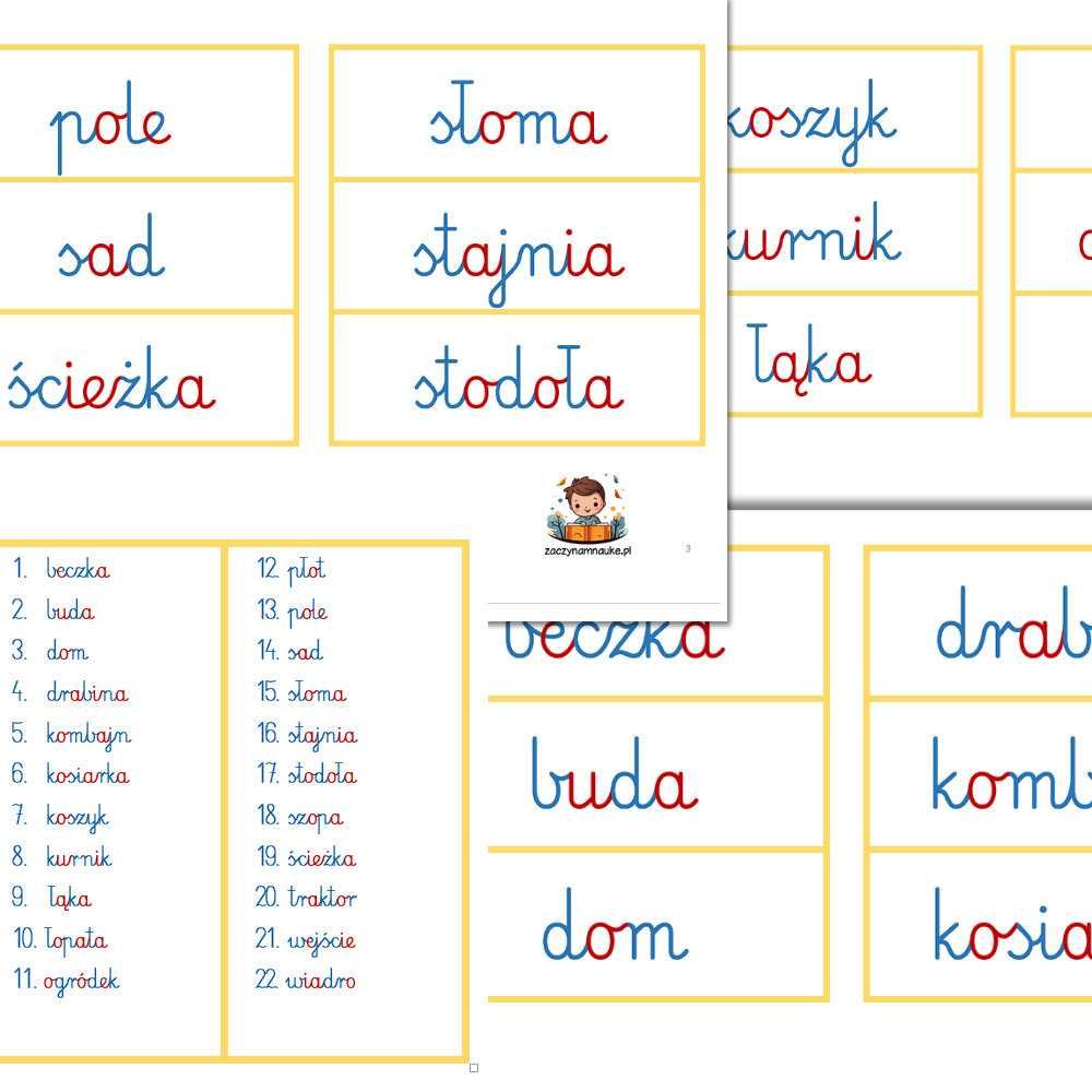 Karty Obrazkowe NA WSI  plansze edukacyjne Montessori do nauki mowy