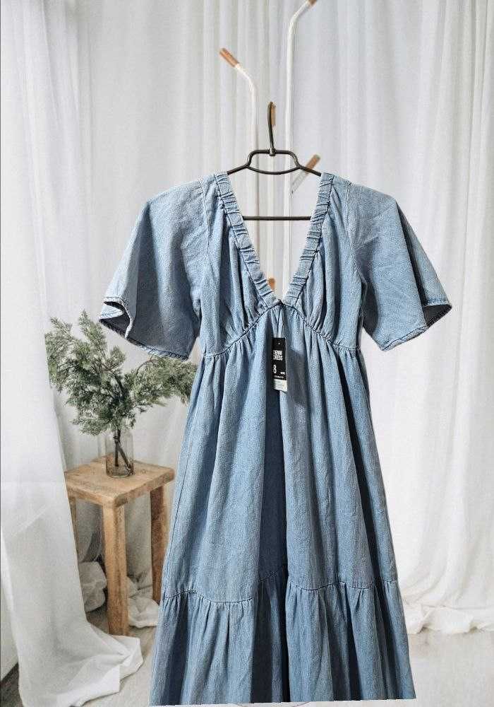 Джинсовое голубое длинное платье Denim Co ярусное, р. XS/S
