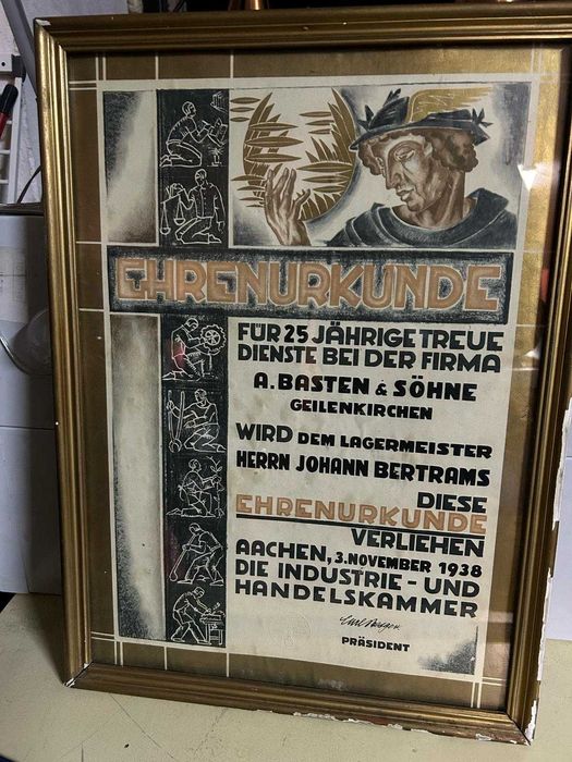 Niemiecki Stary certyfikat - podziękowania za 25 lat pracy - 1938rok