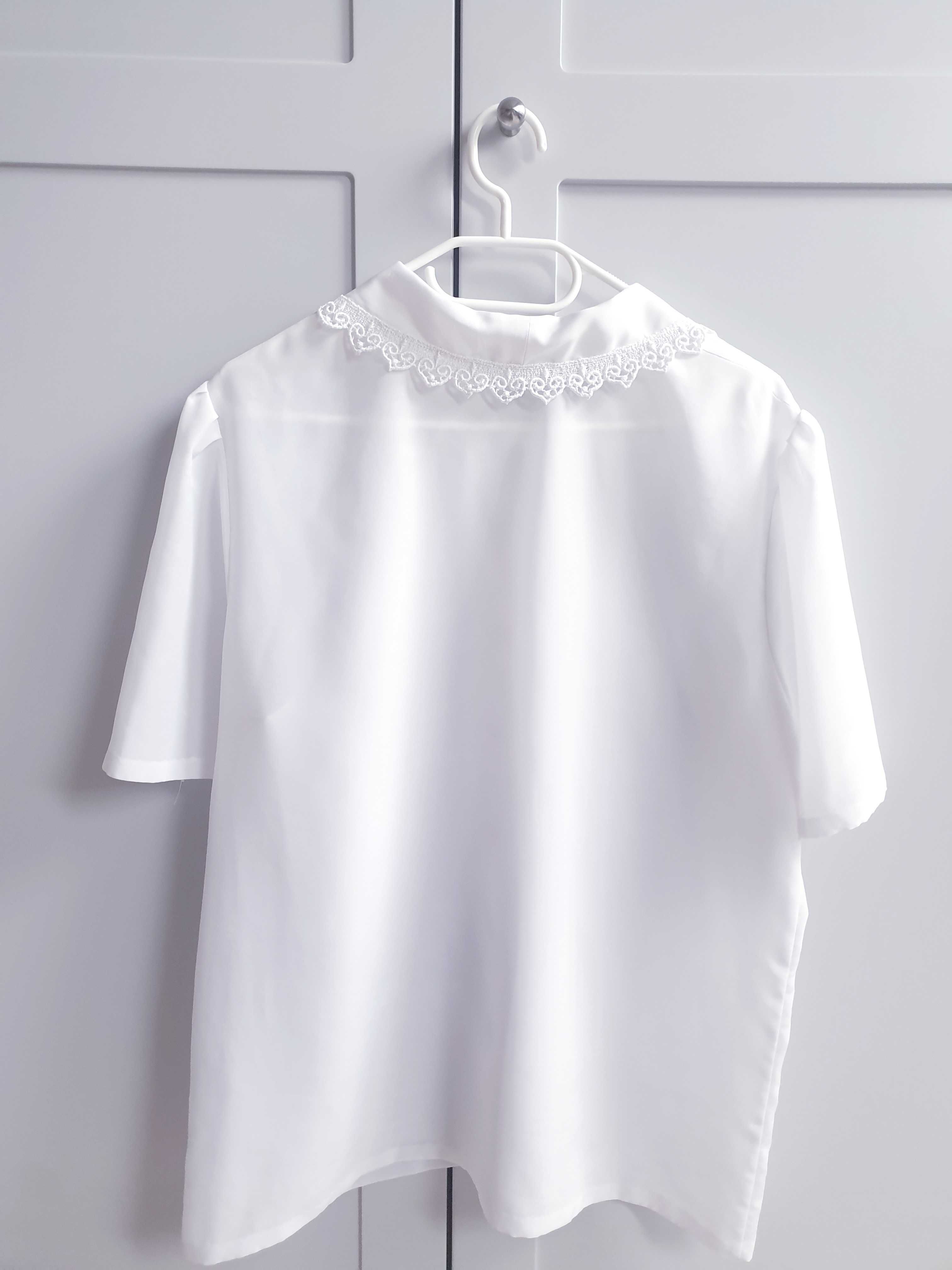 Biała bluzka koszula z koronkowym kołnierzykiem 38 40 handmade