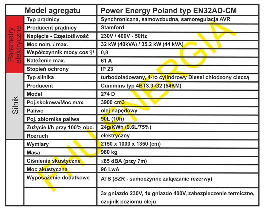 Agregat prądotwórczy 32kW/40kVA - silnik Cummins, SZR, AVR, nowy.