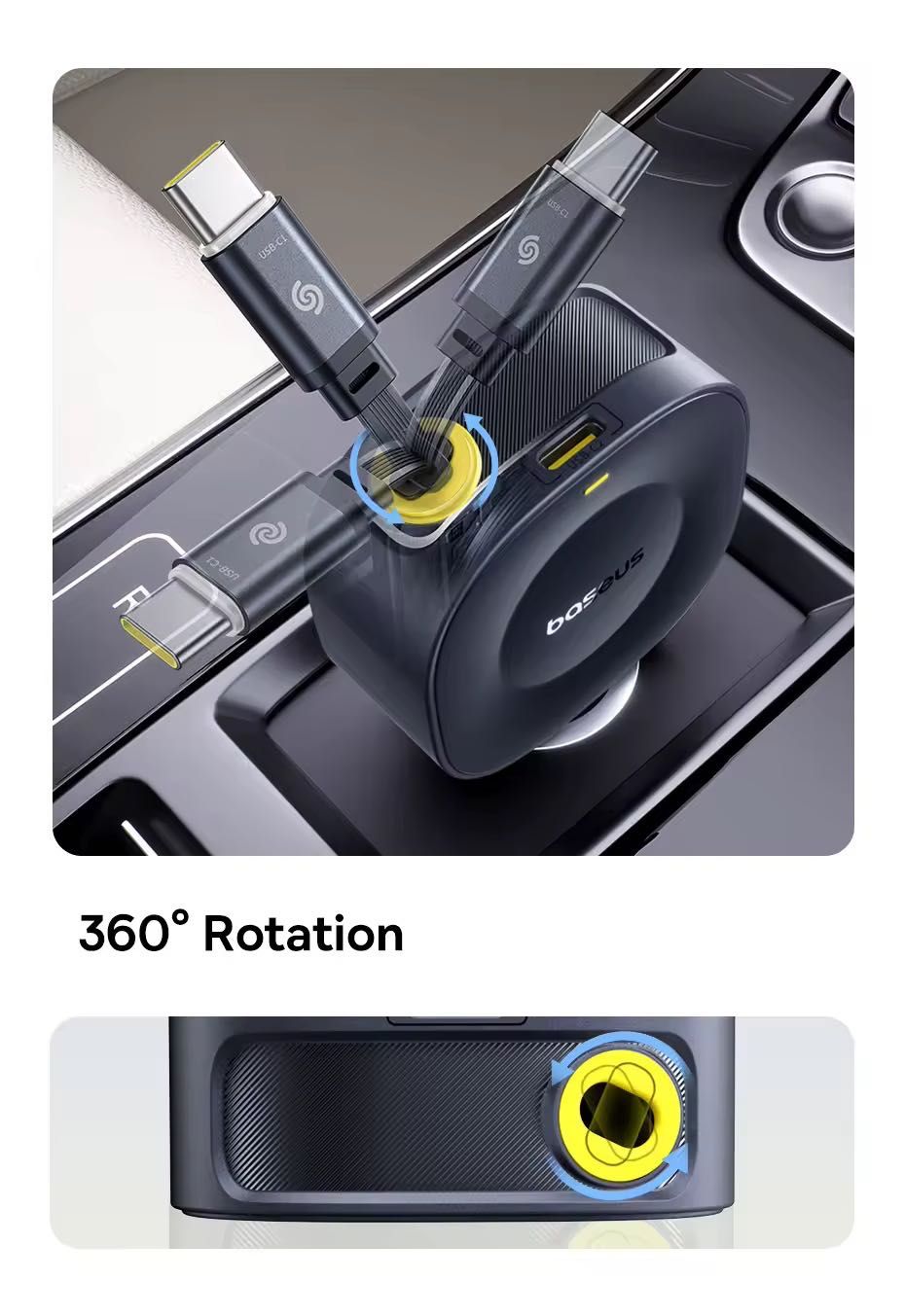 Baseus Szybka ładowarka samochodowa 30 W Wysuwany kabel C USB-C
