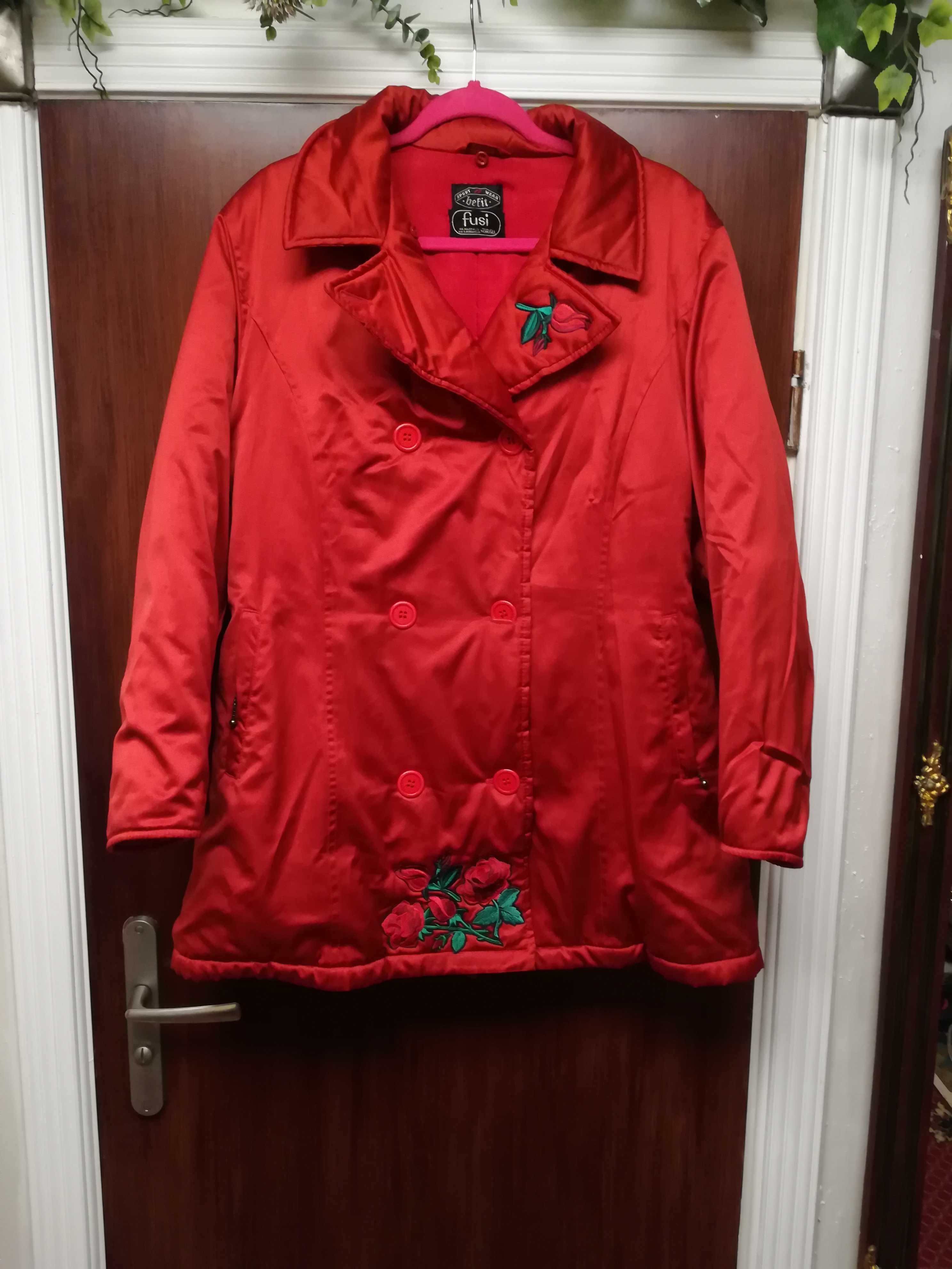 czerwony lekko ocieplany płaszcz/kurta/trencz 44/46 etno boho folk