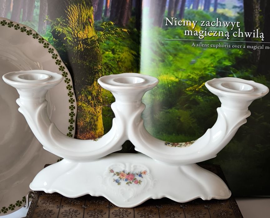 Świecznik kwiaty piękna stara porcelana