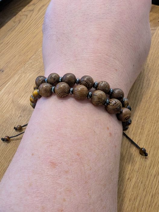 Męska bransoletka sznurkowa z drewna Wenge, Hematytu, Tygrysie oko