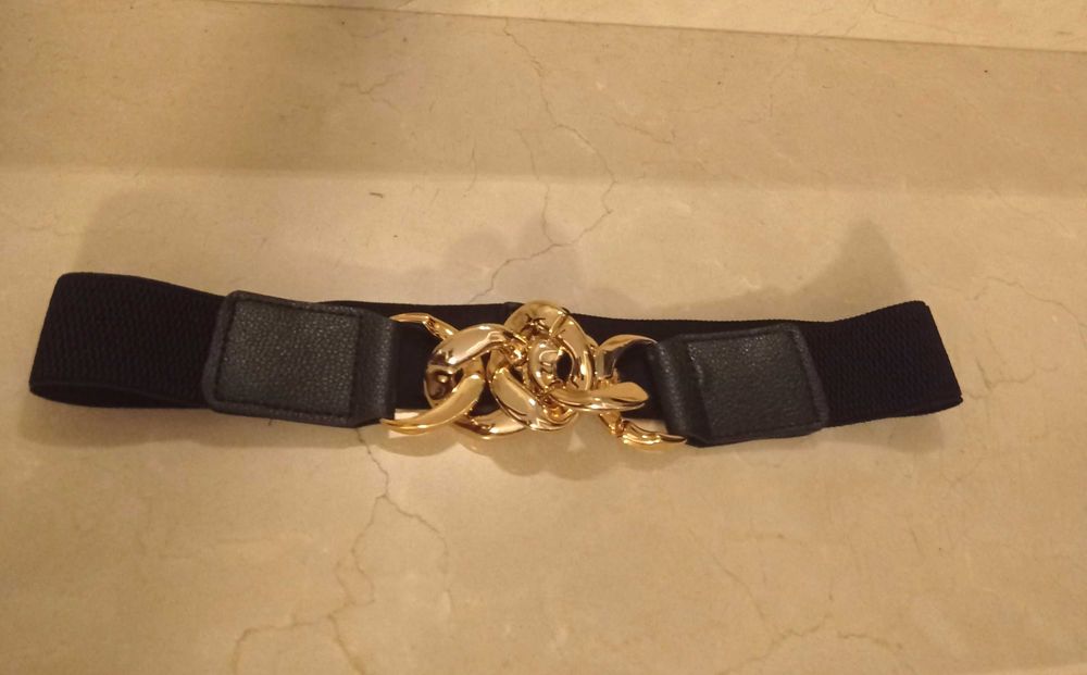 Nowy pasek czarny na gumie klamra złoty łańcuch ozdobny damski