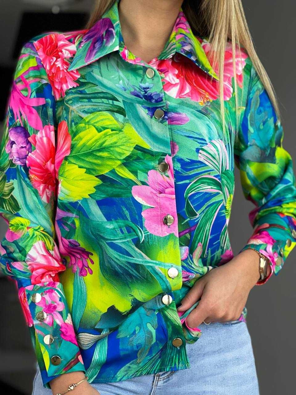 Zielona Elegancka Szykowna Koszula Bawełniana Kwiatowy Print Marina