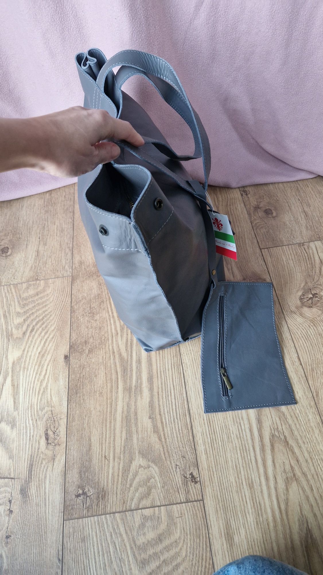 Torebka duza shopperka miękka skóra vera pelle szara