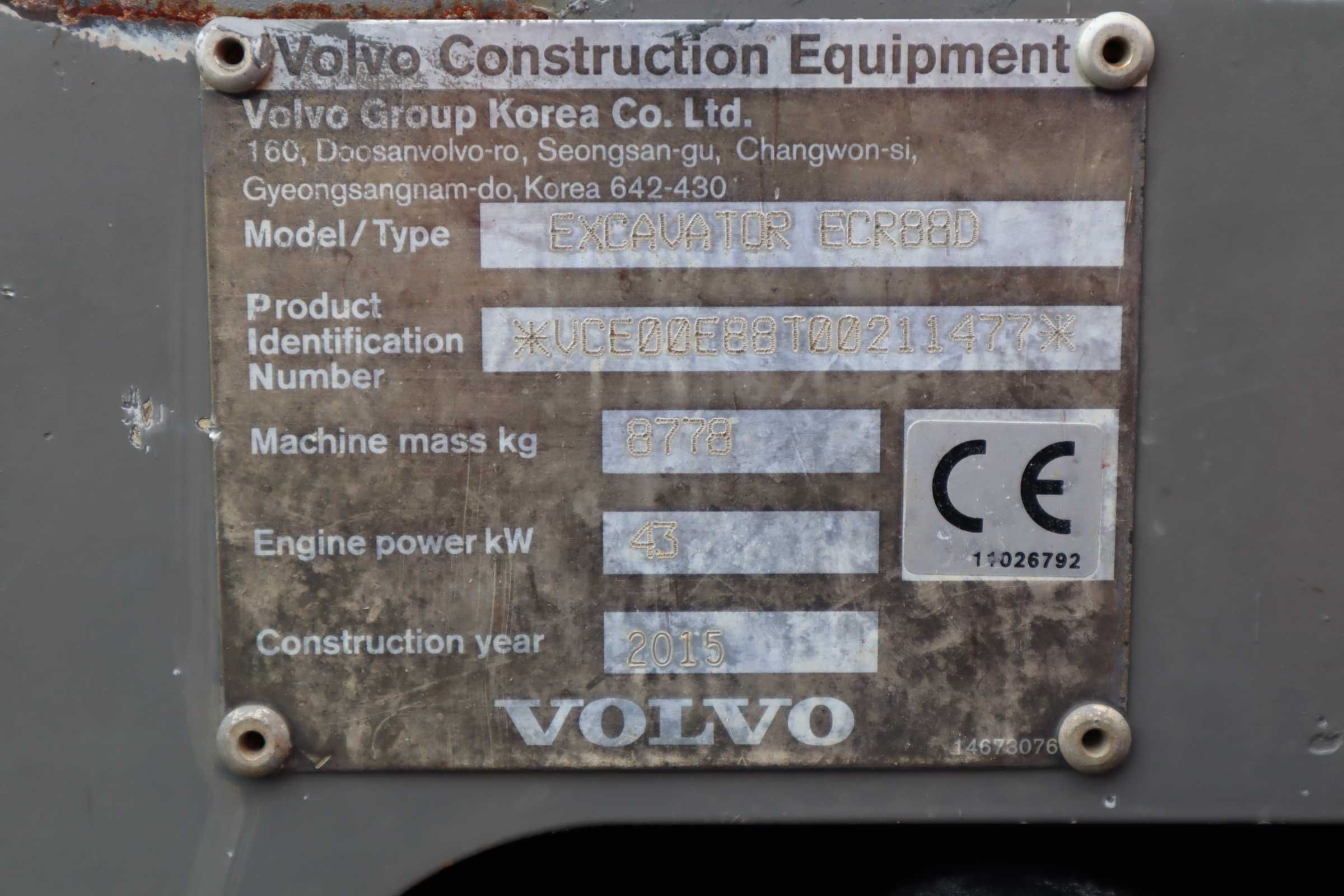 2015 Volvo ECR88D Mini Escavadora Giratória