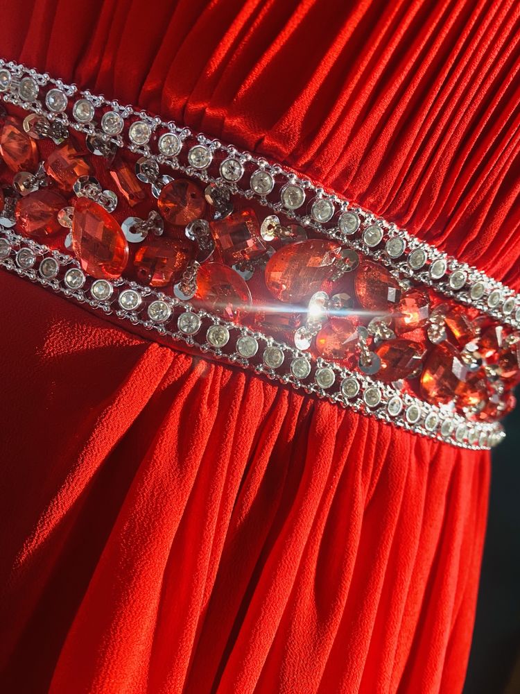 Długa sukienka czerwona grecka kamienie blyszczace s 36 m 38 wesele