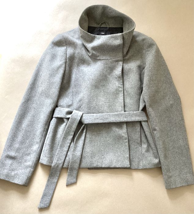 Płaszcz z wiązaniem szary wełniany rozmiar XL 42 H&M