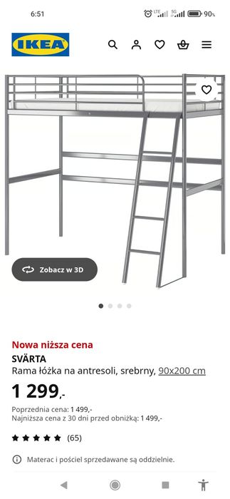 Nowa niższa cena.
SVÄRTA
Rama łóżka na antresoli, srebrny, 90x200 cm
M