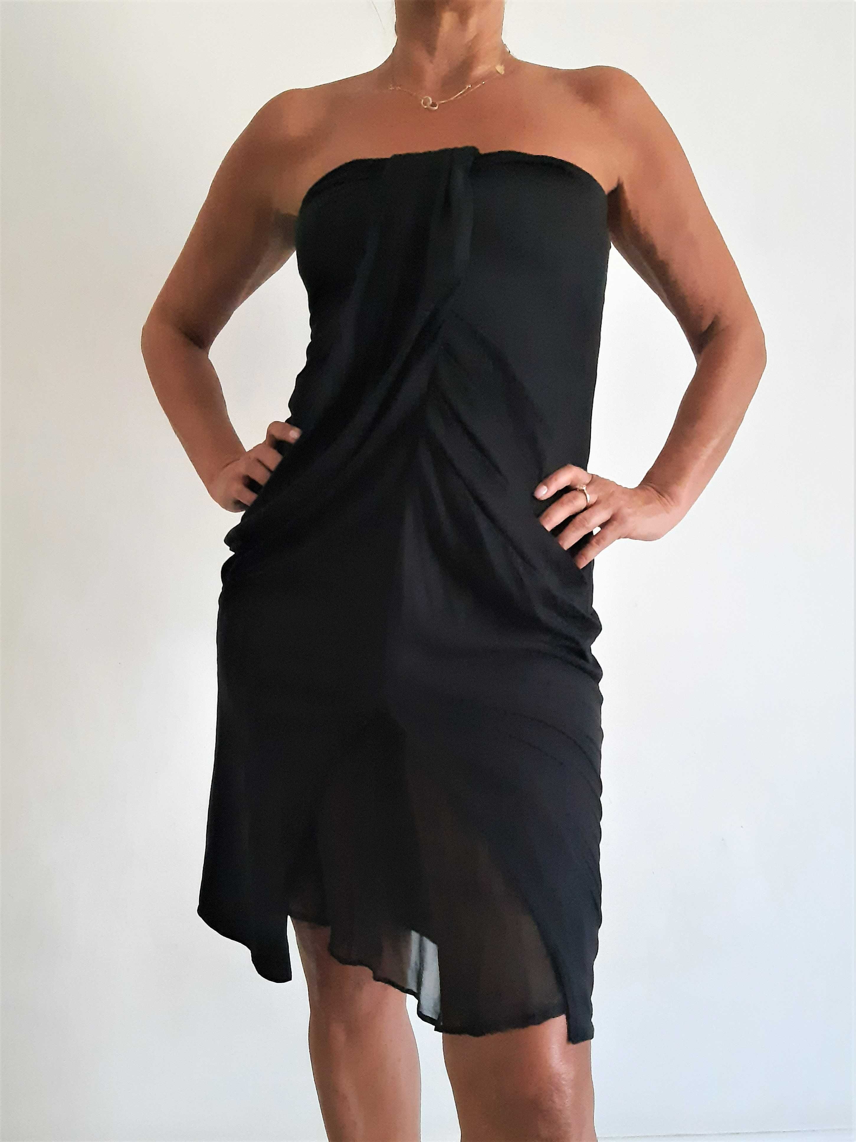 czarna mała czarna sukienka zwiewna bez ramiączek drapowana Stefanel M