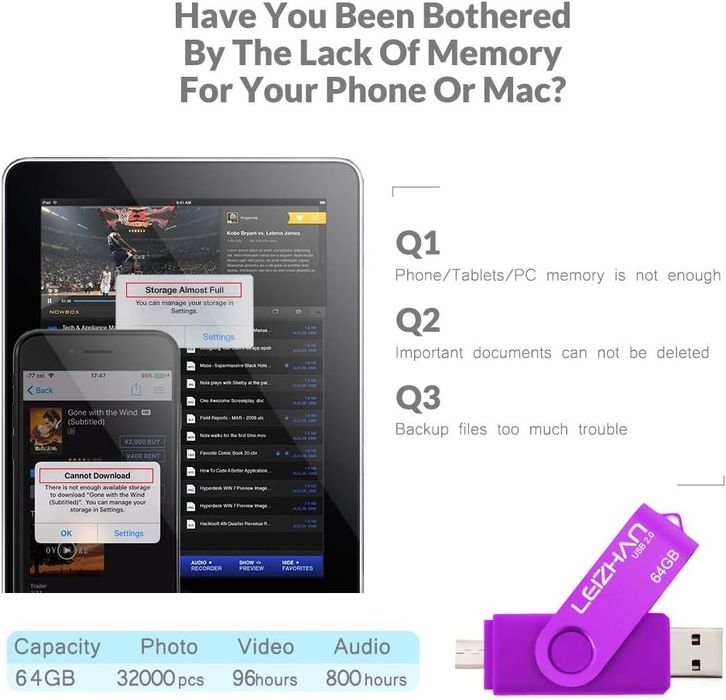 leizhan Podwójny port Pamięć USB 2.0 64 GB OTG