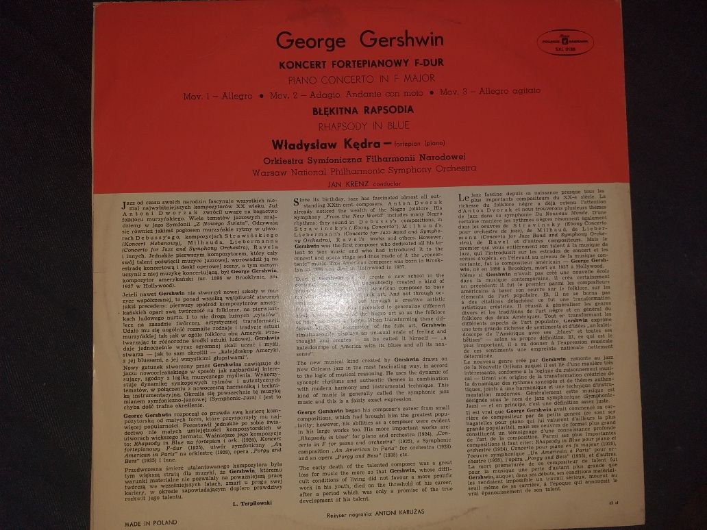 Vinyl Gershwin Koncert F-dur Wł. Kędra fort., dyr. J.Krenz PN SXL 0138