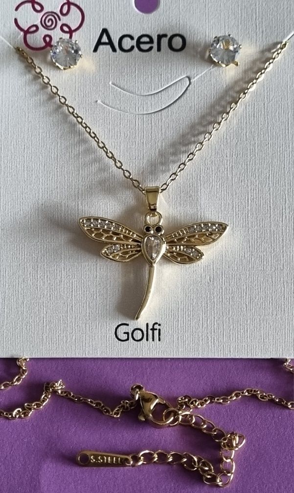 Conjunto dourado (colar e brincos), em aço, com  libelinha.