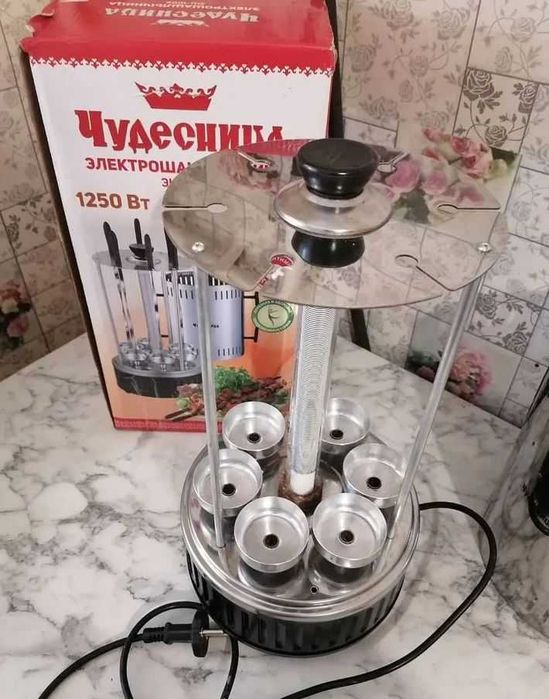 Електрошашличниця нержавійка 6 шампурів тен скляний потужня шашличниця