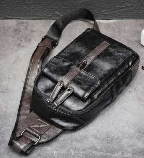 Мужская кожаная бананка модная сумка ранец портфель на грудь на плечо