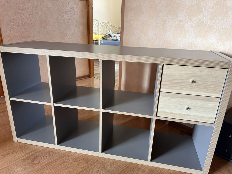 Ikea Kallax 4x2 77x147cm szary połysk/ drewno