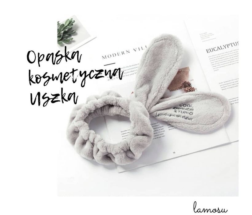 Opaska Kosmetyczna Uszka szara z nadrukiem do pielęgnacji demakijażu