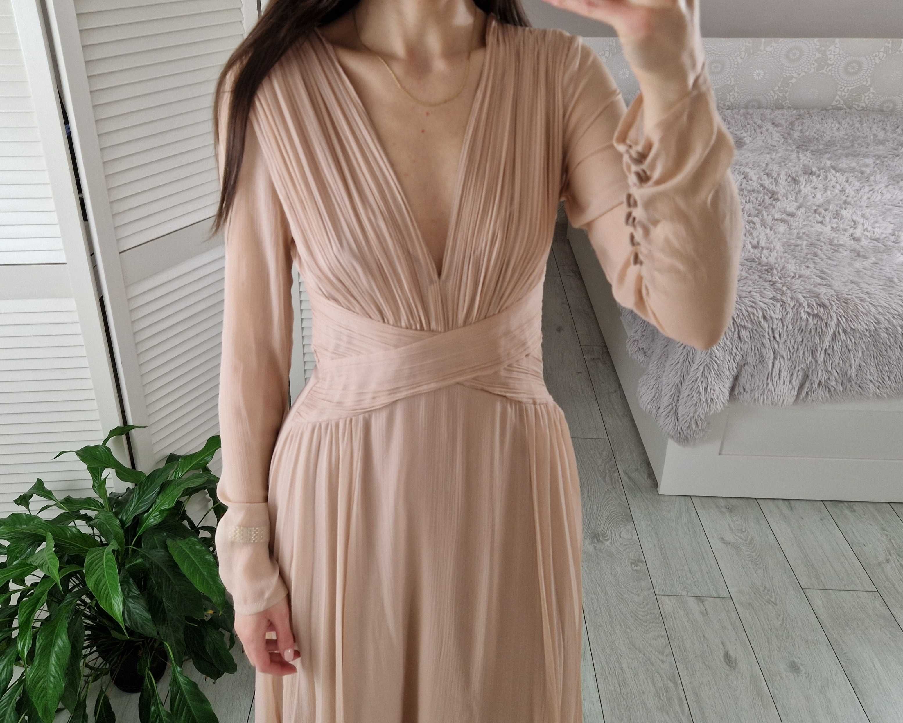 Asos beżowa tiulowa szyfonowa sukienka maxi z długim rękawem wesele S