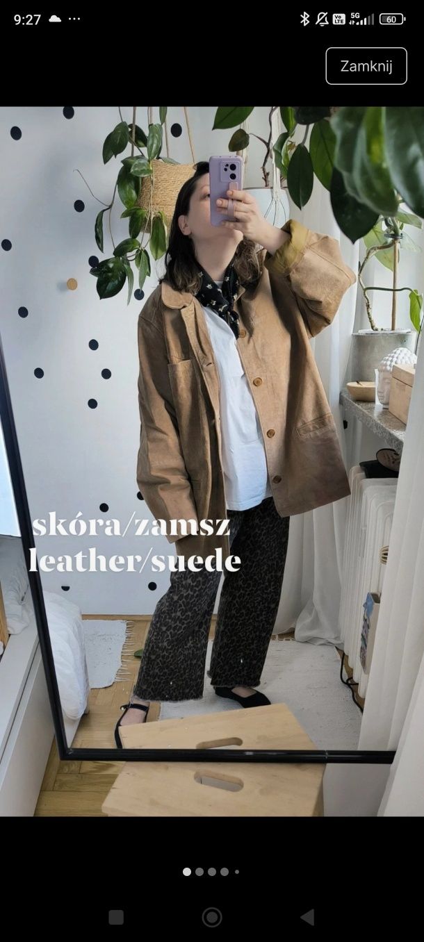 Beżowa brązowa skórzana kurtka katana vintage maxi camel oversizowa za