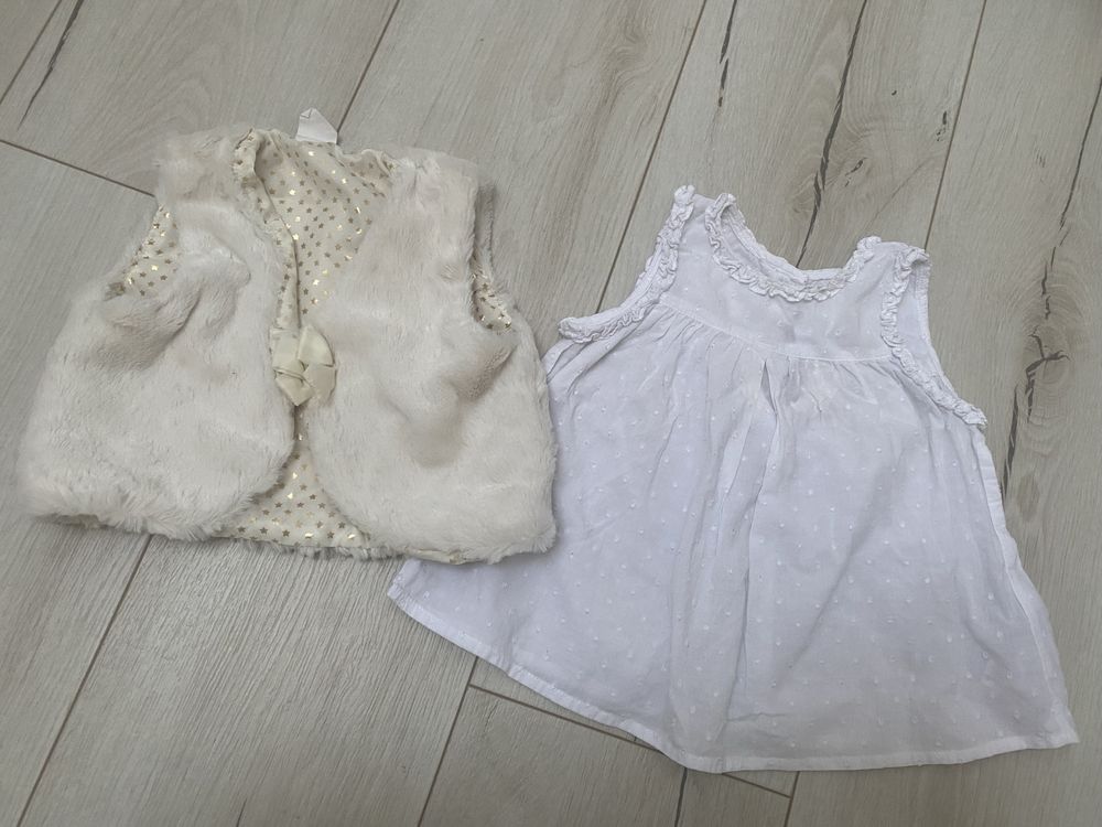 Komplet biala koszulka na ramiączkach /futrzana kamizelka 86 h&m /next