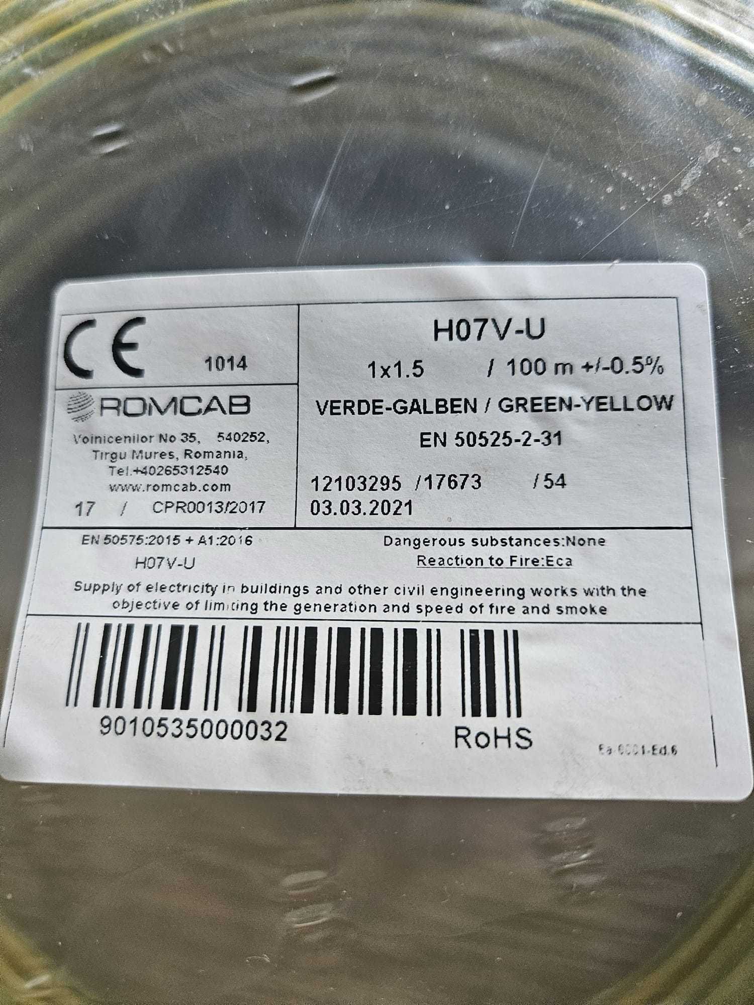 Przewód H07V-U 1,5  450/750V żółto-zielony 100m  6szt