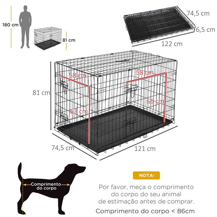 PawHut Gaiola para Cães com 2 Portas Aço 121x74,5x81cm Preto
