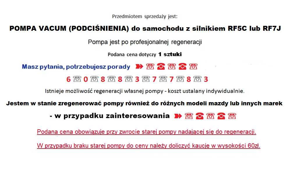 Pompa vacum podciśnienia - MAZDA 5,6 - RF5C,RF7J - REGENERACJA