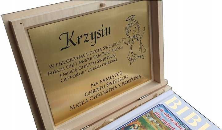 Biblia Pismo Święte Komunia Chrzest Pudełko Grawer ( ZŁOTY LAMINAT )