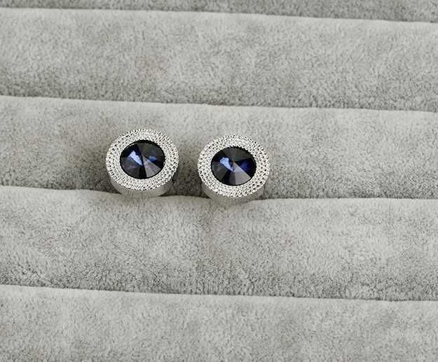 Spinki do mankietów do koszuli okrągłe niebieskie z kryształem srebrne