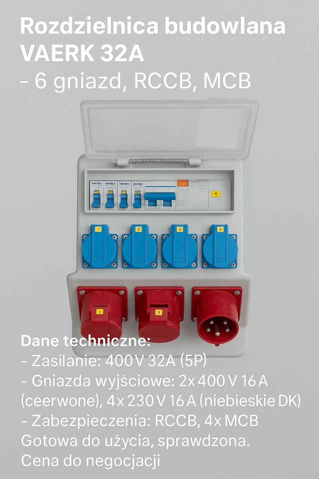 Rozdzielnica budowlana VAERK 32A – 6 gniazd, RCCB, MCB