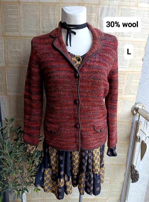 L XL sweter kardigan 30% wool casual melanżowa dzianina