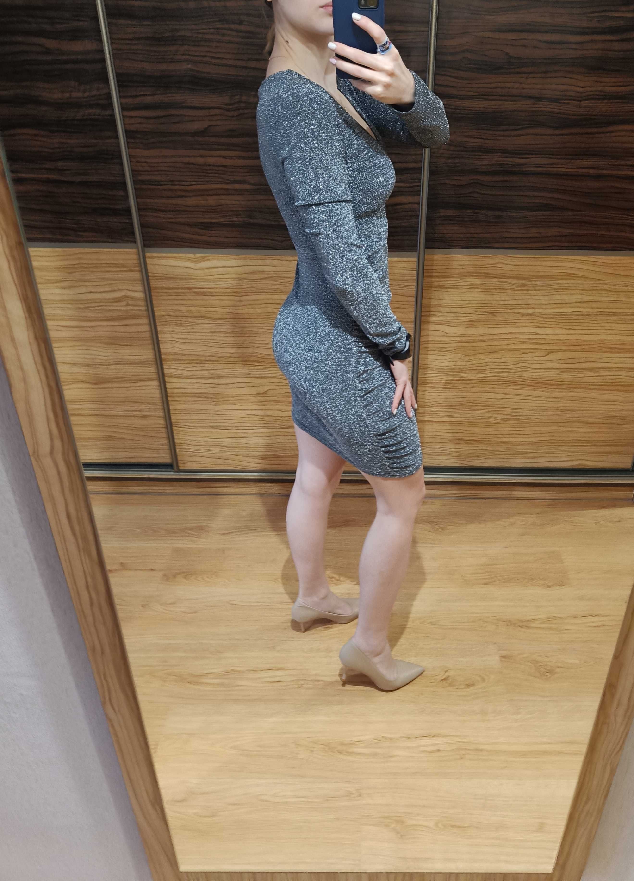 Sukienka mini srebrna szara H&M S 36 Boże Narodzenie Sylwester