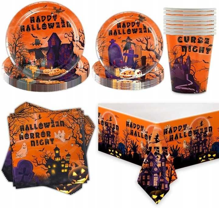Dekoracje imprezowe talerzyki kubeczki serwetki Halloween zestaw