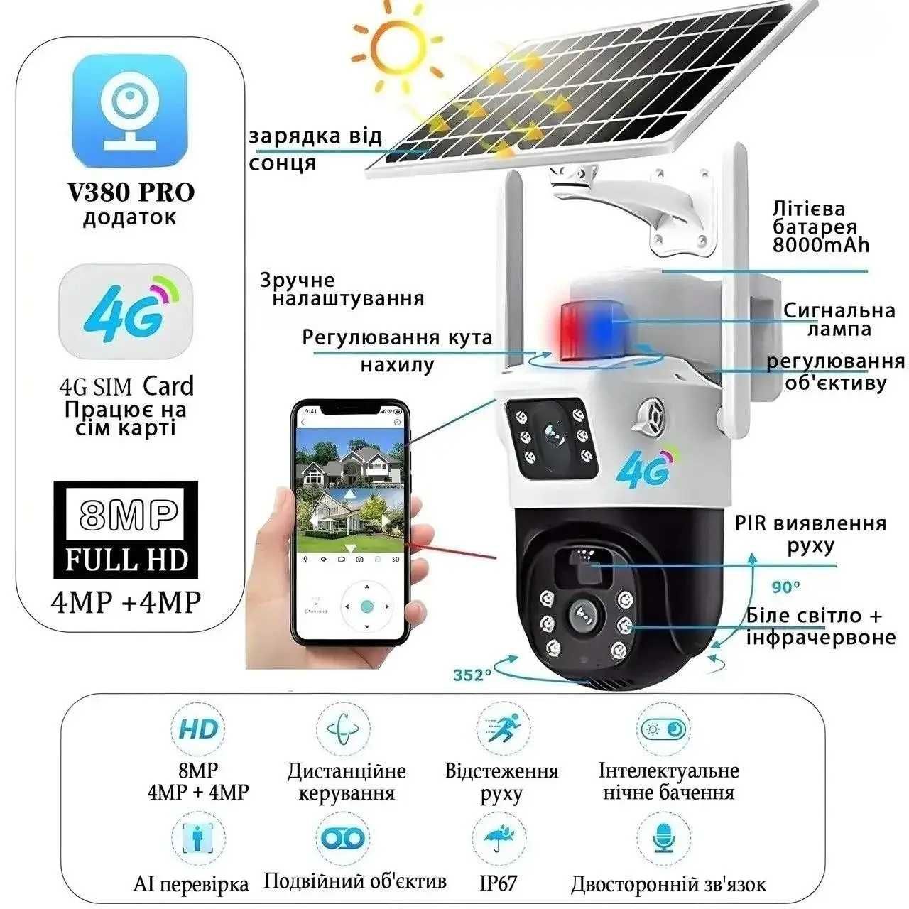 WiFi автономна камера відеонагляду на сонячній панелі 8мп вулична V380