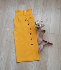 Желтое платье футляр с пуговицами, S