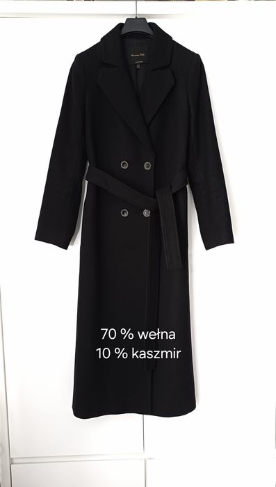 Massimo Dutti wełniany płaszcz czarny długi z paskiem wełna kaszmir