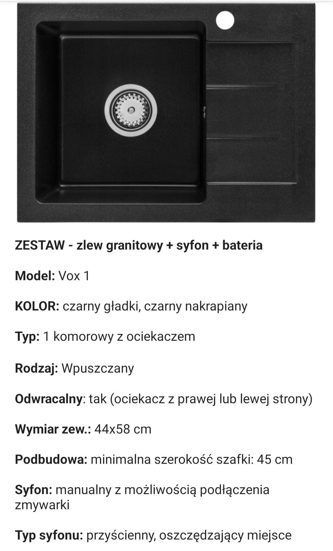 Zlew granitowy z kranem i syfonem