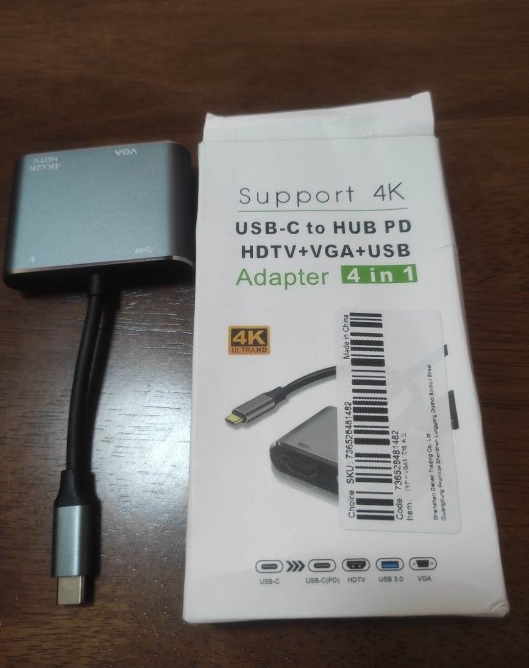 Adaptador hub 4 em 1 com porta HDMI, VGA, PD e USB 3.0