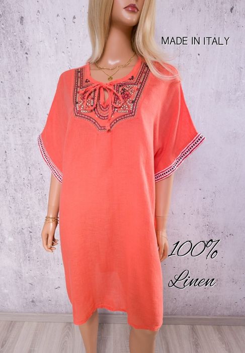 Luźna sukienka plażowa boho koralowa 100% len 4xl/5xl/6xl