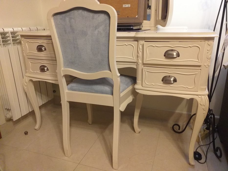 Toucador,mesa,secretária Queen Anne,renovado,espelho triplo e cadeira