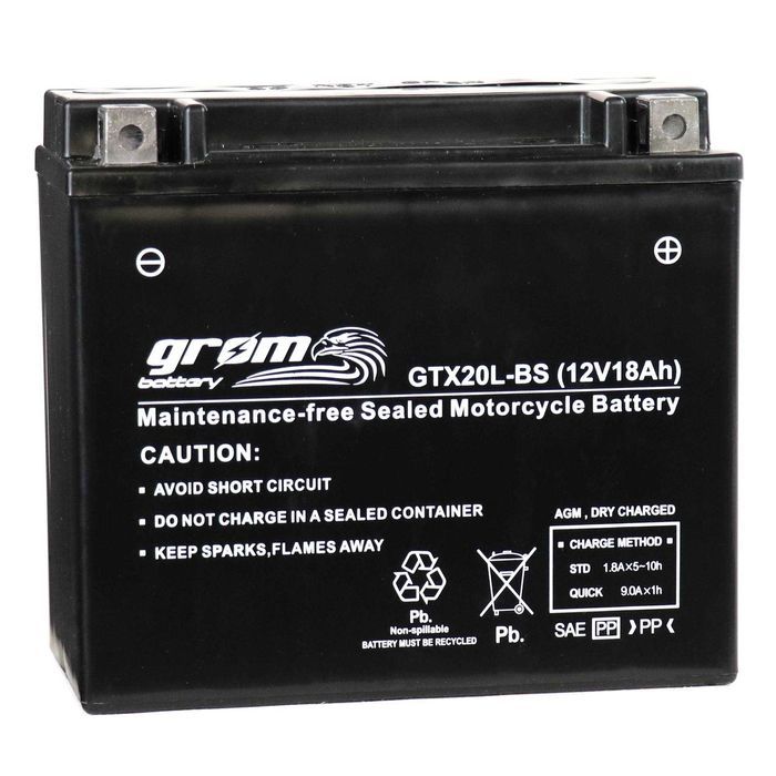 Akumulator motocyklowy GROM GTX20L-BS YTX20L-BS 12V 18Ah 270A EN P+